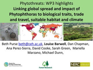 Beth Purse beth@ceh.ac.uk, Louise Barwell, Dan Chapman,
Ana Perez-Sierra, David Cooke, Sarah Green, Mariella
Marzano, Michael Dunn,
Phytothreats: WP3 highlights
Linking global spread and impact of
Phytophthoras to biological traits, trade
and travel, suitable habitat and climate
 