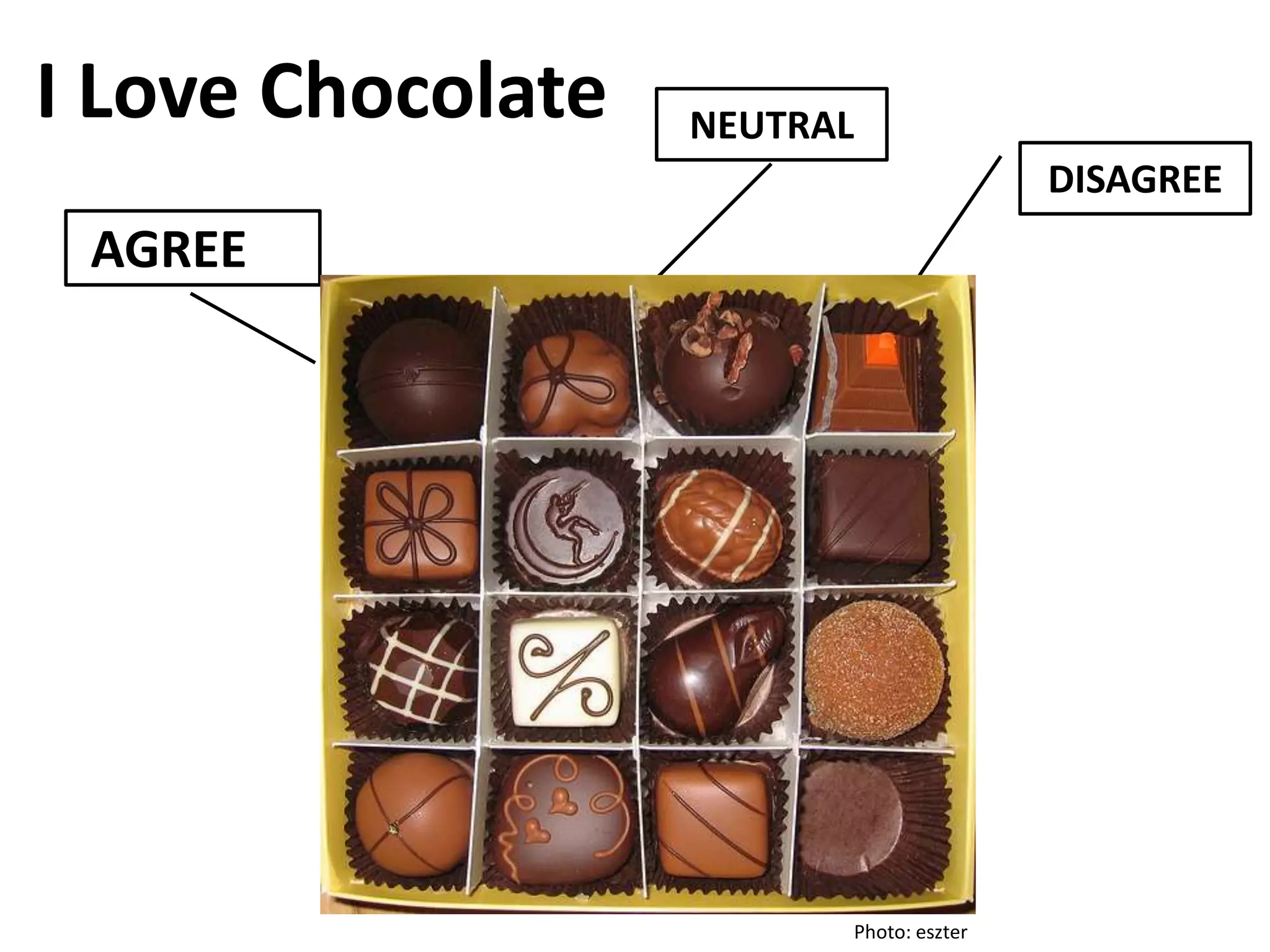 I Love Chocolate   NEUTRAL
                                         DISAGREE
 AGREEREE




                         Photo: eszter
 