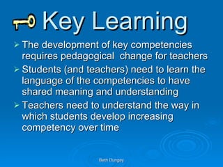 Key Learning The development of key competencies requires pedagogical  change for teachers  Students (and teachers) need to learn the language of the competencies to have shared meaning and understanding Teachers need to understand the way in which students develop increasing competency over time  