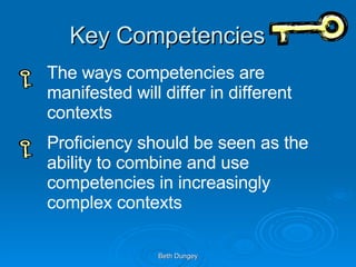 Key Competencies The ways competencies are manifested will differ in different contexts Proficiency should be seen as the ability to combine and use competencies in increasingly complex contexts 
