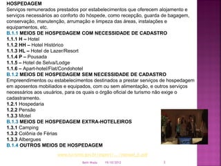 HOSPEDAGEM
Serviços remunerados prestados por estabelecimentos que oferecem alojamento e
serviços necessários ao conforto do hóspede, como recepção, guarda de bagagem,
conservação, manutenção, arrumação e limpeza das áreas, instalações e
equipamentos, etc.
B.1.1 MEIOS DE HOSPEDAGEM COM NECESSIDADE DE CADASTRO
1.1.1 H – Hotel
1.1.2 HH – Hotel Histórico
1.1.3 HL – Hotel de Lazer/Resort
1.1.4 P – Pousada
1.1.5 – Hotel de Selva/Lodge
1.1.6 – Apart-hotel/Flat/Condohotel
B.1.2 MEIOS DE HOSPEDAGEM SEM NECESSIDADE DE CADASTRO
Empreendimentos ou estabelecimentos destinados a prestar serviços de hospedagem
em aposentos mobiliados e equipados, com ou sem alimentação, e outros serviços
necessários aos usuários, para os quais o órgão oficial de turismo não exige o
cadastramento.
1.2.1 Hospedaria
1.2.2 Pensão
1.3.3 Motel
B.1.3 MEIOS DE HOSPEDAGEM EXTRA-HOTELEIROS
1.3.1 Camping
1.3.2 Colônia de Férias
1.3.3 Albergues
B.1.4 OUTROS MEIOS DE HOSPEDAGEM
                     www.turismo.gov.br/export/.../manual_b.pdf
                                Beth Wada   19/10/2012            3
 