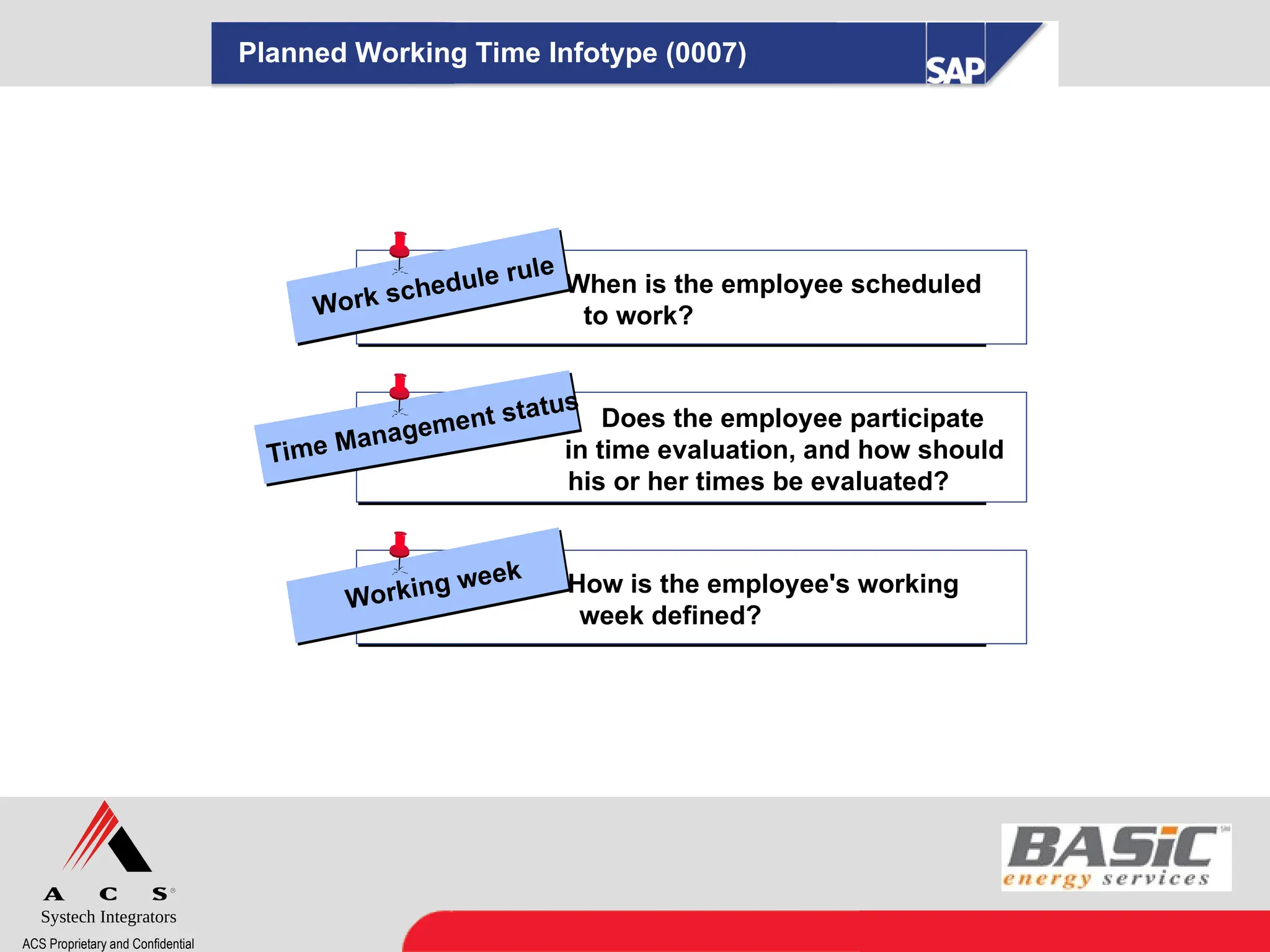 Systech Integrators
ACS Proprietary and Confidential
Planned Working Time Infotype (0007)
When is the employee scheduled
to work?
When is the employee scheduled
to work?
Work schedule rule
Work schedule rule
Does the employee participate
in time evaluation, and how should
his or her times be evaluated?
Does the employee participate
in time evaluation, and how should
his or her times be evaluated?
Time Management status
How is the employee's working
week defined?
How is the employee's working
week defined?
Working week
Working week
 