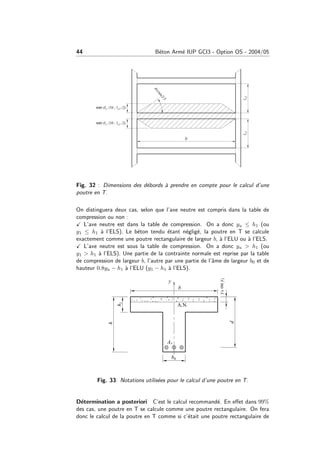 44 B´eton Arm´e IUP GCI3 - Option OS - 2004/05
Fig. 32 : Dimensions des d´ebords `a prendre en compte pour le calcul d’une
poutre en T.
On distinguera deux cas, selon que l’axe neutre est compris dans la table de
compression ou non :
L’axe neutre est dans la table de compression. On a donc yu ≤ h1 (ou
y1 ≤ h1 `a l’ELS). Le b´eton tendu ´etant n´eglig´e, la poutre en T se calcule
exactement comme une poutre rectangulaire de largeur b, `a l’ELU ou `a l’ELS.
L’axe neutre est sous la table de compression. On a donc yu > h1 (ou
y1 > h1 `a l’ELS). Une partie de la contrainte normale est reprise par la table
de compression de largeur b, l’autre par une partie de l’ˆame de largeur b0 et de
hauteur 0.8yu − h1 `a l’ELU (y1 − h1 `a l’ELS).
Fig. 33: Notations utilis´ees pour le calcul d’une poutre en T.
D´etermination a posteriori C’est le calcul recommand´e. En eﬀet dans 99%
des cas, une poutre en T se calcule comme une poutre rectangulaire. On fera
donc le calcul de la poutre en T comme si c’´etait une poutre rectangulaire de
 