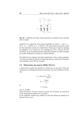 78 B´eton Arm´e IUP GCI3 - Option OS - 2004/05
Fig. 63 : D´eﬁnition de l’ordre d’arrˆet des barres en fonction de leur position
dans le section.
pr´esent´ee sur la Figure 65, avec comme hypoth`eses de calcul h = 50cm, b =
18cm, fc28 = 30MPa et fe = 500MPa. Pour des raisons de sym´etrie, seules
les deux premi`eres trav´ees sont repr´esent´ees. Notez que la r`egle du d´ecalage
est appliqu´ee ici aux barres qui sont rallong´ees de 0.8h `a chacune de leurs
extr´emit´es, ce qui en pratique est plus simple que de d´ecaler la courbe enveloppe
du moment ﬂ´echissant et conduit aux mˆemes r´esultats.
Pour d´eterminer la longueur des barres appartenant `a deux trav´ees contigu¨es,
il ne faut pas oublier de rajouter la largeur des poteaux, puisque les dimensions
sont indiqu´ees `a partir des nus d’appuis.
7.5 D´eformation des poutres (BAEL B.6.5,1)
L’article B.6.5,1 pr´ecise les conditions `a v´eriﬁer pour ne pas avoir `a faire une
v´eriﬁcation sur les ﬂ`eches limites pour les poutres. Les trois conditions `a v´eriﬁer
sont :
h ≥ Max[1/16;
Mt
10M0
]l,
Asx ≤
4.2b0d
fe
,
et
l ≤ 8.00 m,
avec fe en MPa.
Dans ces formules, Mt est le moment en trav´ee, M0 le moment en trav´ee de la
trav´ee isostatique de r´ef´erence et l la port´ee.
Si ces conditions n’´etaient pas v´eriﬁ´ees, le calcul des ﬂ`eches est pr´esent´e `a la
Section 8 de ce cours.
 