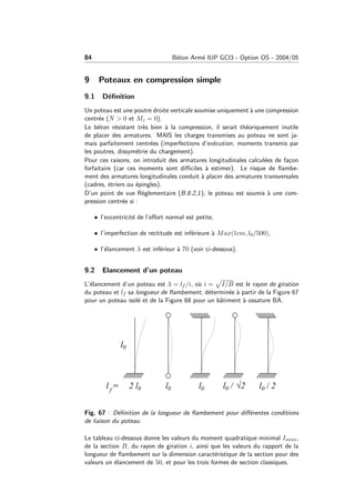 84 B´eton Arm´e IUP GCI3 - Option OS - 2004/05
9 Poteaux en compression simple
9.1 D´eﬁnition
Un poteau est une poutre droite verticale soumise uniquement `a une compression
centr´ee (N > 0 et Mz = 0).
Le b´eton r´esistant tr`es bien `a la compression, il serait th´eoriquement inutile
de placer des armatures. MAIS les charges transmises au poteau ne sont ja-
mais parfaitement centr´ees (imperfections d’ex´ecution, moments transmis par
les poutres, dissym´etrie du chargement).
Pour ces raisons, on introduit des armatures longitudinales calcul´ees de fa¸con
forfaitaire (car ces moments sont diﬃciles `a estimer). Le risque de ﬂambe-
ment des armatures longitudinales conduit `a placer des armatures transversales
(cadres, ´etriers ou ´epingles).
D’un point de vue R´eglementaire (B.8.2,1), le poteau est soumis `a une com-
pression centr´ee si :
• l’excentricit´e de l’eﬀort normal est petite,
• l’imperfection de rectitude est inf´erieure `a Max(1cm, l0/500),
• l’´elancement λ est inf´erieur `a 70 (voir ci-dessous).
9.2 Elancement d’un poteau
L’´elancement d’un poteau est λ = lf /i, o`u i = I/B est le rayon de giration
du poteau et lf sa longueur de ﬂambement, d´etermin´ee `a partir de la Figure 67
pour un poteau isol´e et de la Figure 68 pour un bˆatiment `a ossature BA.
Fig. 67 : D´eﬁnition de la longueur de ﬂambement pour diﬀ´erentes conditions
de liaison du poteau.
Le tableau ci-dessous donne les valeurs du moment quadratique minimal Imini,
de la section B, du rayon de giration i, ainsi que les valeurs du rapport de la
longueur de ﬂambement sur la dimension caract´eristique de la section pour des
valeurs un ´elancement de 50, et pour les trois formes de section classiques.
 