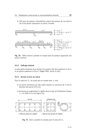 9.4 Dispositions constructives et recommandations diverses 87
• 10% pour les poteaux interm´ediaires voisins des poteaux de rive dans le
cas d’une poutre comportant au moins 3 trav´ees.
Fig. 70 : Eﬀort normal `a prendre en compte dans les poteaux supportant une
poutre continue.
9.4.2 Coﬀrage minimal
La plus petite dimension de la section d’un poteau doit ˆetre sup´erieure `a 25cm
et sa section sup´erieure `a 625cm2 (R`egle PS92, article 11.331).
9.4.3 Section d’acier de calcul
Pour le calcul de Nu, les aciers pris en compte dans A, sont
• les barres maintenues par des cadres espac´es au maximum de 15 fois le
diam`etre des barres (A.4.1,2),
• les barres qui augmentent la rigidit´e dans le plan de ﬂambement lorsque
λ > 35 (B.8.4,1 et voir Figure 71).
Fig. 71: Acier `a prendre en compte pour le calcul de Nu.
OG 2004
 
