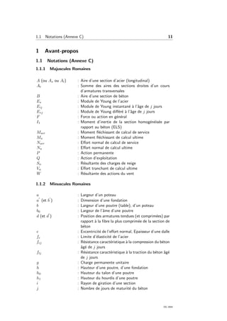 1.1 Notations (Annexe C) 11
1 Avant-propos
1.1 Notations (Annexe C)
1.1.1 Majuscules Romaines
A (ou As ou Al) : Aire d’une section d’acier (longitudinal)
At : Somme des aires des sections droites d’un cours
d’armatures transversales
B : Aire d’une section de b´eton
Es : Module de Young de l’acier
Eij : Module de Young instantan´e `a l’ˆage de j jours
Evj : Module de Young diﬀ´er´e `a l’ˆage de j jours
F : Force ou action en g´en´eral
I1 : Moment d’inertie de la section homog´en´eis´ee par
rapport au b´eton (ELS)
Mser : Moment ﬂ´echissant de calcul de service
Mu : Moment ﬂ´echissant de calcul ultime
Nser : Eﬀort normal de calcul de service
Nu : Eﬀort normal de calcul ultime
P : Action permanente
Q : Action d’exploitation
Sn : R´esultante des charges de neige
Vu : Eﬀort tranchant de calcul ultime
W : R´esultante des actions du vent
1.1.2 Minuscules Romaines
a : Largeur d’un poteau
a (et b ) : Dimension d’une fondation
b : Largeur d’une poutre (table), d’un poteau
b0 : Largeur de l’ˆame d’une poutre
d (et d ) : Position des armatures tendues (et comprim´ees) par
rapport `a la ﬁbre la plus comprim´ee de la section de
b´eton
e : Excentricit´e de l’eﬀort normal, Epaisseur d’une dalle
fe : Limite d’´elasticit´e de l’acier
fcj : R´esistance caract´eristique `a la compression du b´eton
ˆag´e de j jours
ftj : R´esistance caract´eristique `a la traction du b´eton ˆag´e
de j jours
g : Charge permanente unitaire
h : Hauteur d’une poutre, d’une fondation
h0 : Hauteur du talon d’une poutre
h1 : Hauteur du hourdis d’une poutre
i : Rayon de giration d’une section
j : Nombre de jours de maturit´e du b´eton
OG 2004
 