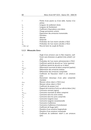12 B´eton Arm´e IUP GCI3 - Option OS - 2004/05
l : Port´ee d’une poutre ou d’une dalle, hauteur d’un
poteau
ls : Longueur de scellement droite
lf : Longueur de ﬂambement
n : Coeﬃcient d’´equivalence acier-b´eton
q : Charge permanente unitaire
st : Espacement des armatures transversales
u : P´erim`etre
x : Abscisse
y : Ordonn´ee
y1 : Profondeur de l’axe neutre calcul´ee `a l’ELS
yu : Profondeur de l’axe neutre calcul´ee `a l’ELU
z (ou zb) : Bras de levier du couple de ﬂexion
1.1.3 Minuscules Grecs
α : Angle d’une armature avec la ﬁbre moyenne, coef-
ﬁcient sans dimension en g´en´eral (tr`es utilis´e!) (al-
pha)
αu : Profondeur de l’axe neutre adimensionn´ee `a l’ELU
γs : Coeﬃcient partiel de s´ecurit´e sur l’acier (gamma)
γb : Coeﬃcient partiel de s´ecurit´e sur le b´eton
bcmax : D´eformation maximale du b´eton comprim´e (epsilon)
st : D´eformation des armatures tendues
sc : D´eformation des armatures comprim´ees
η : Coeﬃcient de ﬁssuration relatif `a une armature
(eta)
λ : Elancement m´ecanique d’une pi`ece comprim´ee
(lambda)
µser : Moment ultime r´eduit `a l’ELS (mu)
µu : Moment ultime r´eduit `a l’ELU
ν : Coeﬃcient de poisson (nu)
ρ : Rapport de la section d’acier sur celle du b´eton (rho)
σ : Contrainte normale (sigma)
σbcmax : Contrainte maximale du b´eton comprim´e
σst : Contrainte dans les aciers tendus
σsc : Contrainte dans les aciers comprim´es
τ : Contrainte tangente (tau)
τu : Contrainte tangente conventionnelle
τs : Contrainte d’adh´erence
τse : Contrainte d’adh´erence d’entraˆınement
ϕ : Coeﬃcient de ﬂuage (phi)
φl : Diam`etre d’une armature longitudinale
φt : Diam`etre d’une armature transversale
ψs : Coeﬃcient de scellement relatif `a une armature
(psi)
 