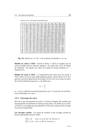 2.2 Les aciers d’armature 23
Fig. 10: Section en cm2 de 1 `a 20 armatures de diam`etre φ en mm.
Mod`ele de calcul `a l’ELS Comme le b´eton, `a l’ELS on suppose que les
aciers travaillent dans le domaine ´elastique. On utilise donc la loi de Hooke
de l’´elasticit´e. On adopte une valeur du module de Young forfaitaire Es =
200 000 MPa.
Mod`ele de calcul `a l’ELU Le comportement des aciers pour les calculs `a
l’ELU v´eriﬁe une loi de type ´elasto-plastique parfait, comme d´ecrit sur le dia-
gramme contrainte-d´eformation de la Figure 12 (A.4.3,2), o`u la valeur de calcul
de la limite d’´elasticit´e garantie fsu est d´eﬁnie par :
fsu =
fe
γs
.
et γs est un coeﬃcient de s´ecurit´e partiel qui vaut 1.15 sauf pour les combinai-
sons accidentelles o`u il vaut 1.
2.2.4 Fa¸connage des aciers
Aﬁn de ne pas trop plastiﬁer les aciers, il convient d’adopter des mandrins de
fa¸connage dont les diam`etres ne soient pas trop petits. On admet qu’un cadre,
un ´etrier ou une ´epingle soit plus plastiﬁ´e au niveau des coudes que les ancrages
d’une barre longitudinale.
Les ancrages courbes Les rayons de courbure R des ancrages courbes de
barres longitudinales doivent v´eriﬁer :
R ≥ 3φ pour un rond lisse de diam`etre φ
R ≥ 5.5φ pour un HA de diam`etre φ
OG 2004
 