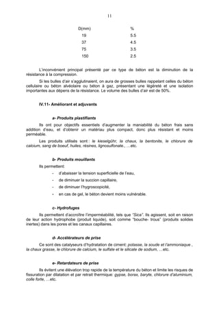 11

                              D(mm)                          %
                                19                           5.5
                                37                           4.5
                                75                           3.5
                                150                          2.5


       L’inconvénient principal présenté par ce type de béton est la diminution de la
résistance à la compression.
         Si les bulles d’air s’agglutinaient, on aura de grosses bulles rappelant celles du béton
cellulaire ou béton alvéolaire ou béton à gaz, présentant une légèreté et une isolation
importantes aux dépens de la résistance. Le volume des bulles d’air est de 50%.


       IV.11- Améliorant et adjuvants


               a- Produits plastifiants
        Ils ont pour objectifs essentiels d’augmenter la maniabilité du béton frais sans
addition d’eau, et d’obtenir un matériau plus compact, donc plus résistant et moins
perméable.
       Les produits utilisés sont : le kieselgûhr, la chaux, la bentonite, le chlorure de
calcium, sang de boeuf, huiles, résines, lignosulfonate., …etc.


               b- Produits mouillants
       Ils permettent:
               -   d’abaisser la tension superficielle de l’eau,
               -   de diminuer la succion capillaire,
               -   de diminuer l’hygroscopicité,
               -   en cas de gel, le béton devient moins vulnérable.


               c- Hydrofuges
        Ils permettent d’accroître l’imperméabilité, tels que “Sica”. Ils agissent, soit en raison
de leur action hydrophobe (produit liquide), soit comme “bouche- trous” (produits solides
inertes) dans les pores et les canaux capillaires.


               d- Accélérateurs de prise
       Ce sont des catalyseurs d’hydratation de ciment: potasse, la soude et l’ammoniaque ,
la chaux grasse, le chlorure de calcium, le sulfate et le silicate de sodium, …etc.


               e- Retardateurs de prise
        Ils évitent une élévation trop rapide de la température du béton et limite les risques de
fissuration par dilatation et par retrait thermique: gypse, borax, baryte, chlorure d’aluminium,
colle forte, …etc.
 