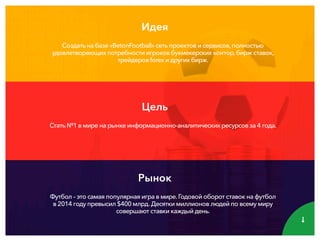 Рынок
Футбол–этосамаяпопулярнаяигравмире.Годовойоборотставокнафутбол
в2014годупревысил$400млрд.Десяткимиллионовлюдейповсемумиру
совершаютставкикаждыйдень.
Цель
Стать№1вмиренарынкеинформационно-аналитическихресурсовза4года.
Идея
Создатьнабазе«BetonFootball»сетьпроектовисервисов,полностью
удовлетворяющихпотребностиигроковбукмекерскихконтор,биржставок,
трейдеровforexидругихбирж.
 