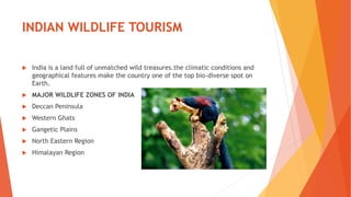 INDIAN WILDLIFE TOURISM
 India is a land full of unmatched wild treasures.the climatic conditions and
geographical features make the country one of the top bio-diverse spot on
Earth.
 MAJOR WILDLIFE ZONES OF INDIA
 Deccan Peninsula
 Western Ghats
 Gangetic Plains
 North Eastern Region
 Himalayan Region
 