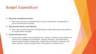 Budget Expenditure
 Direction and Administration
 Their main activities are dissemination of tourist information, development of
tourism infrastructure facilities.
 Tourist Information and Publicity
 Their main activities Promotion and Marketing of Indian destinations and products.
It includes Media campaign.
 Tourist Infrastructure
 This provision relates to the expenditure on creation of Infrastructural facilities on
construction of Budget Accommodation, Wayside amenities, Tourist Reception
Centres, Refurbishment of Monuments, Special Tourism Projects, Adventure and
Sports facilities, Sound and Light Shows, Illumination of monuments etc.
 