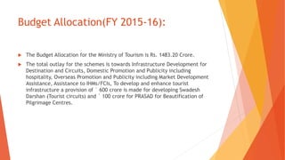 Budget Allocation(FY 2015-16):
 The Budget Allocation for the Ministry of Tourism is Rs. 1483.20 Crore.
 The total outlay for the schemes is towards Infrastructure Development for
Destination and Circuits, Domestic Promotion and Publicity including
hospitality, Overseas Promotion and Publicity including Market Development
Assistance, Assistance to IHMs/FCIs, To develop and enhance tourist
infrastructure a provision of ` 600 crore is made for developing Swadesh
Darshan (Tourist circuits) and ` 100 crore for PRASAD for Beautification of
Pilgrimage Centres.
 