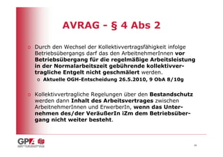 AVRAG - § 4 Abs 2

o Durch den Wechsel der Kollektivvertragsfähigkeit infolge
  Betriebsübergangs darf das den ArbeitnehmerInnen vor
  Betriebsübergang für die regelmäßige Arbeitsleistung
  in der Normalarbeitszeit gebührende kollektivver-
  tragliche Entgelt nicht geschmälert werden.
   o Aktuelle OGH-Entscheidung 26.5.2010, 9 ObA 8/10g


o Kollektivvertragliche Regelungen über den Bestandschutz
  werden dann Inhalt des Arbeitsvertrages zwischen
  ArbeitnehmerInnen und ErwerberIn, wenn das Unter-
  nehmen des/der VeräußerIn iZm dem Betriebsüber-
  gang nicht weiter besteht.



                                                            16
 