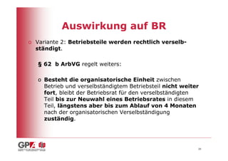 Auswirkung auf BR
o Variante 2: Betriebsteile werden rechtlich verselb-
  ständigt.

   § 62 b ArbVG regelt weiters:

   o Besteht die organisatorische Einheit zwischen
     Betrieb und verselbständigtem Betriebsteil nicht weiter
     fort, bleibt der Betriebsrat für den verselbständigten
     Teil bis zur Neuwahl eines Betriebsrates in diesem
     Teil, längstens aber bis zum Ablauf von 4 Monaten
     nach der organisatorischen Verselbständigung
     zuständig.




                                                           20
 