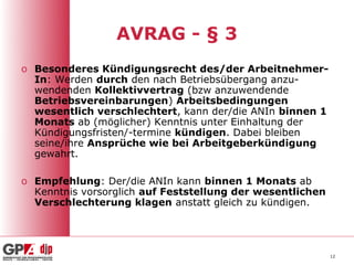 AVRAG - § 3
o Besonderes Kündigungsrecht des/der Arbeitnehmer-
  In: Werden durch den nach Betriebsübergang anzu-
  wendenden Kollektivvertrag (bzw anzuwendende
  Betriebsvereinbarungen) Arbeitsbedingungen
  wesentlich verschlechtert, kann der/die ANIn binnen 1
  Monats ab (möglicher) Kenntnis unter Einhaltung der
  Kündigungsfristen/-termine kündigen. Dabei bleiben
  seine/ihre Ansprüche wie bei Arbeitgeberkündigung
  gewahrt.

o Empfehlung: Der/die ANIn kann binnen 1 Monats ab
  Kenntnis vorsorglich auf Feststellung der wesentlichen
  Verschlechterung klagen anstatt gleich zu kündigen.




                                                           12
 