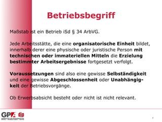 Betriebsbegriff
Maßstab ist ein Betrieb iSd § 34 ArbVG.

Jede Arbeitsstätte, die eine organisatorische Einheit bildet,
innerhalb derer eine physische oder juristische Person mit
technischen oder immateriellen Mitteln die Erzielung
bestimmter Arbeitsergebnisse fortgesetzt verfolgt.

Voraussetzungen sind also eine gewisse Selbständigkeit
und eine gewisse Abgeschlossenheit oder Unabhängig-
keit der Betriebsvorgänge.

Ob Erwerbsabsicht besteht oder nicht ist nicht relevant.



                                                                7
 