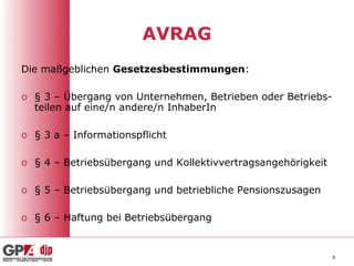 AVRAG
Die maßgeblichen Gesetzesbestimmungen:

o § 3 – Übergang von Unternehmen, Betrieben oder Betriebs-
  teilen auf eine/n andere/n InhaberIn

o § 3 a – Informationspflicht

o § 4 – Betriebsübergang und Kollektivvertragsangehörigkeit

o § 5 – Betriebsübergang und betriebliche Pensionszusagen

o § 6 – Haftung bei Betriebsübergang


                                                              8
 