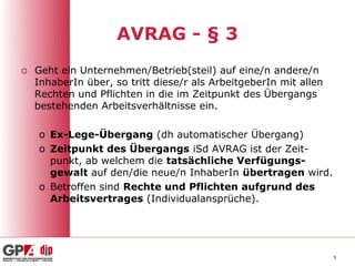 AVRAG - § 3
o Geht ein Unternehmen/Betrieb(steil) auf eine/n andere/n
  InhaberIn über, so tritt diese/r als ArbeitgeberIn mit allen
  Rechten und Pflichten in die im Zeitpunkt des Übergangs
  bestehenden Arbeitsverhältnisse ein.

   o Ex-Lege-Übergang (dh automatischer Übergang)
   o Zeitpunkt des Übergangs iSd AVRAG ist der Zeit-
     punkt, ab welchem die tatsächliche Verfügungs-
     gewalt auf den/die neue/n InhaberIn übertragen wird.
   o Betroffen sind Rechte und Pflichten aufgrund des
     Arbeitsvertrages (Individualansprüche).




                                                                 9
 