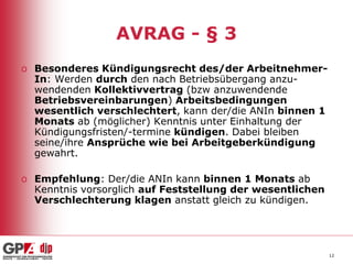 AVRAG - § 3
o Besonderes Kündigungsrecht des/der ArbeitnehmerIn: Werden durch den nach Betriebsübergang anzuwendenden Kollektivvertrag (bzw anzuwendende
Betriebsvereinbarungen) Arbeitsbedingungen
wesentlich verschlechtert, kann der/die ANIn binnen 1
Monats ab (möglicher) Kenntnis unter Einhaltung der
Kündigungsfristen/-termine kündigen. Dabei bleiben
seine/ihre Ansprüche wie bei Arbeitgeberkündigung
gewahrt.
o Empfehlung: Der/die ANIn kann binnen 1 Monats ab
Kenntnis vorsorglich auf Feststellung der wesentlichen
Verschlechterung klagen anstatt gleich zu kündigen.

12

 