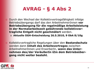 AVRAG - § 4 Abs 2
o Durch den Wechsel der Kollektivvertragsfähigkeit infolge
Betriebsübergangs darf das den ArbeitnehmerInnen vor
Betriebsübergang für die regelmäßige Arbeitsleistung
in der Normalarbeitszeit gebührende kollektivvertragliche Entgelt nicht geschmälert werden.
o Aktuelle OGH-Entscheidung 26.5.2010, 9 ObA 8/10g

o Kollektivvertragliche Regelungen über den Bestandschutz
werden dann Inhalt des Arbeitsvertrages zwischen
ArbeitnehmerInnen und ErwerberIn, wenn das Unternehmen des/der VeräußerIn iZm dem Betriebsübergang nicht weiter besteht.

16

 