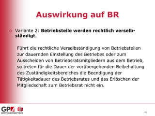 Auswirkung auf BR
o Variante 2: Betriebsteile werden rechtlich verselbständigt.
Führt die rechtliche Verselbständigung von Betriebsteilen
zur dauernden Einstellung des Betriebes oder zum
Ausscheiden von Betriebsratsmitgliedern aus dem Betrieb,
so treten für die Dauer der vorübergehenden Beibehaltung
des Zuständigkeitsbereiches die Beendigung der
Tätigkeitsdauer des Betriebsrates und das Erlöschen der
Mitgliedschaft zum Betriebsrat nicht ein.

22

 