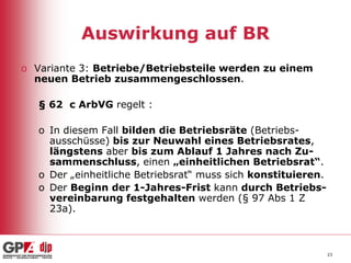 Auswirkung auf BR
o Variante 3: Betriebe/Betriebsteile werden zu einem
neuen Betrieb zusammengeschlossen.
§ 62 c ArbVG regelt :
o In diesem Fall bilden die Betriebsräte (Betriebsausschüsse) bis zur Neuwahl eines Betriebsrates,
längstens aber bis zum Ablauf 1 Jahres nach Zusammenschluss, einen „einheitlichen Betriebsrat“.
o Der „einheitliche Betriebsrat“ muss sich konstituieren.
o Der Beginn der 1-Jahres-Frist kann durch Betriebsvereinbarung festgehalten werden (§ 97 Abs 1 Z
23a).

23

 