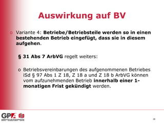 Auswirkung auf BV
o Variante 4: Betriebe/Betriebsteile werden so in einen
bestehenden Betrieb eingefügt, dass sie in diesem
aufgehen.
§ 31 Abs 7 ArbVG regelt weiters:
o Betriebsvereinbarungen des aufgenommenen Betriebes
iSd § 97 Abs 1 Z 18, Z 18 a und Z 18 b ArbVG können
vom aufzunehmenden Betrieb innerhalb einer 1monatigen Frist gekündigt werden.

28

 