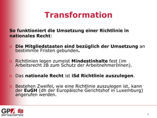 Transformation
So funktioniert die Umsetzung einer Richtlinie in
nationales Recht:
o Die Mitgliedstaaten sind bezüglich der Umsetzung an
bestimmte Fristen gebunden.

o Richtlinien legen zumeist Mindestinhalte fest (im
Arbeitsrecht zB zum Schutz der ArbeitnehmerInnen).
o Das nationale Recht ist iSd Richtlinie auszulegen.
o Bestehen Zweifel, wie eine Richtlinie auszulegen ist, kann
der EuGH (dh der Europäische Gerichtshof in Luxemburg)
angerufen werden.

4

 