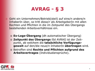 AVRAG - § 3
o Geht ein Unternehmen/Betrieb(steil) auf eine/n andere/n
InhaberIn über, so tritt diese/r als ArbeitgeberIn mit allen
Rechten und Pflichten in die im Zeitpunkt des Übergangs
bestehenden Arbeitsverhältnisse ein.
o Ex-Lege-Übergang (dh automatischer Übergang)
o Zeitpunkt des Übergangs iSd AVRAG ist der Zeitpunkt, ab welchem die tatsächliche Verfügungsgewalt auf den/die neue/n InhaberIn übertragen wird.
o Betroffen sind Rechte und Pflichten aufgrund des
Arbeitsvertrages (Individualansprüche).

9

 