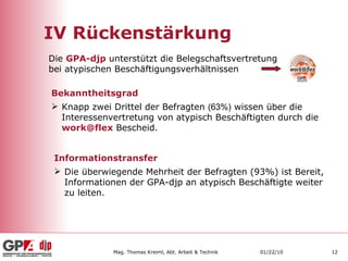 IV Rückenstärkung Bekanntheitsgrad Knapp zwei Drittel der Befragten  (63%)  wissen über die Interessenvertretung von atypisch Beschäftigten durch die  [email_address]  Bescheid. Informationstransfer Die überwiegende Mehrheit der Befragten (93%) ist Bereit, Informationen der GPA-djp an atypisch Beschäftigte weiter zu leiten. Die  GPA-djp  unterstützt die Belegschaftsvertretung bei atypischen Beschäftigungsverhältnissen  