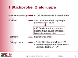 I Stichprobe, Zielgruppe Email-Aussendung 4.252 Betriebsratskörperschaften Rücklauf 504 beantwortete Fragebögen   (Rücklaufquote: 11,8%) 495 Betriebe mit atypischen Beschäftigungsverhältnissen   (Verbreitungsgrad: 98%) Befragte BetriebsrätInnen Befragt nach Freie DienstnehmerInnen (FD) WerkvertragnehmerInnen (WV) LeiharbeiterInnen (LA) 
