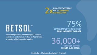 INDUSTRY AVERAGE
END- CUSTOMER
SATISFACTION2x
LOWER EMPLOYEE TURNOVER
THAN INDUSTRY AVERAGE
75%
36,000+CONTACT CENTER
AGENTS SUPPORTED
Product Engineering and Managed IT Services
enable our customers to reduce costs and time-
to-market while improving quality.
Health Care | Telecom | Aviation | Financial
®
 