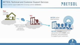 BETSOL Technical and Customer Support Services
BETSOL provides
personnel, technologies, best
practices, and automation
to support your customers.
You
Reduce customer support costs while increasing customer satisfaction.
Support request for
your processes,
products,
and services.
Your
valuable
customers
BETSOL white
label services
 