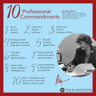 Professional 
Commandments 10 
1 Be an 
eternal 
student. 
Learn your 
client’s 
business. 3 Learn your 
client’s 
business culture. 
4 5Say yes 
to every 
opportunity. 
6 Consider 
work as 
grown-up play. 7 Factor personal 
values into every 
career decision. 
8 Leave a job 
when it doesn’t 
challenge you. 9 Invest something 
in the profession 
you practice. 
10And - if wedlock is part 
of your life, make sure 
that you marry a saint. 
By Betsy Plank, 
First Lady of public relations, 
who dedicated more than 60 
years to the industry. 
2 
Embrace client 
problems because 
they give us tenure. 
