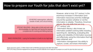 Neelen & Kirchner (2017). A THREE STAGE PLAN TO PREPARE OUR YOUTH FOR JOBS THAT DON’T
EXIST (YET).https://3starlearningexperiences.wordpress.com/2017/08/18/a-three-stage-plan-to-prepare-our-youth-for-jobs-that-dont-exist-yet/
However, what is truly ‘21st century’ is the
enormous increase in information (and
information resources) and the challenge
around the question whether or not the
information is reliable. Therefore, Kirschner
argues, the only skills that are truly
‘21st century’ are:
• Information literacy: also known as
information problem-solving skills including
searching for, identifying, evaluating (the
quality and reliability of information sources),
and effectively using the information that has
been obtained; and
• Information management: the ability to
capture, curate, and share information.
How to prepare our Youth for jobs that don’t exist yet?
 
