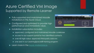 Azure Certified VM Image
Supported by Remote-Learner
 Fully supported and maintained Moodle
installations in the Azure Cloud.
 Configured and optimized to provide high
performance and immediate value.
 Installation subscription includes:
 approved, configured and maintained Moodle codebase
 access to our support portal for two identified contacts
 over 40 high-value, approved third-party add-ons
 one seat in our LearningSpaces® training program
 Learn more in the Azure Marketplace.
 