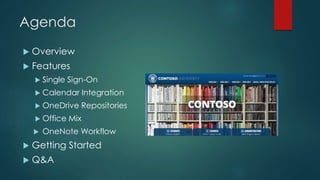 Agenda
 Overview
 Features
 Single Sign-On
 Calendar Integration
 OneDrive Repositories
 Office Mix
 OneNote Workflow
 Getting Started
 Q&A
 