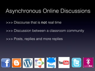 Asynchronous Online Discussions >>> Discourse that is  not  real time >>> Discussion between a classroom community >>> Posts, replies and more replies 