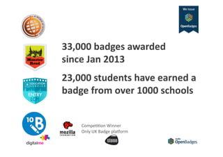 How do I make and
issue badges?
Growing range of tools including
Makewaves, Moodle, Blackboard,
Achievery, Badgekit,
Makebadg.es…

 