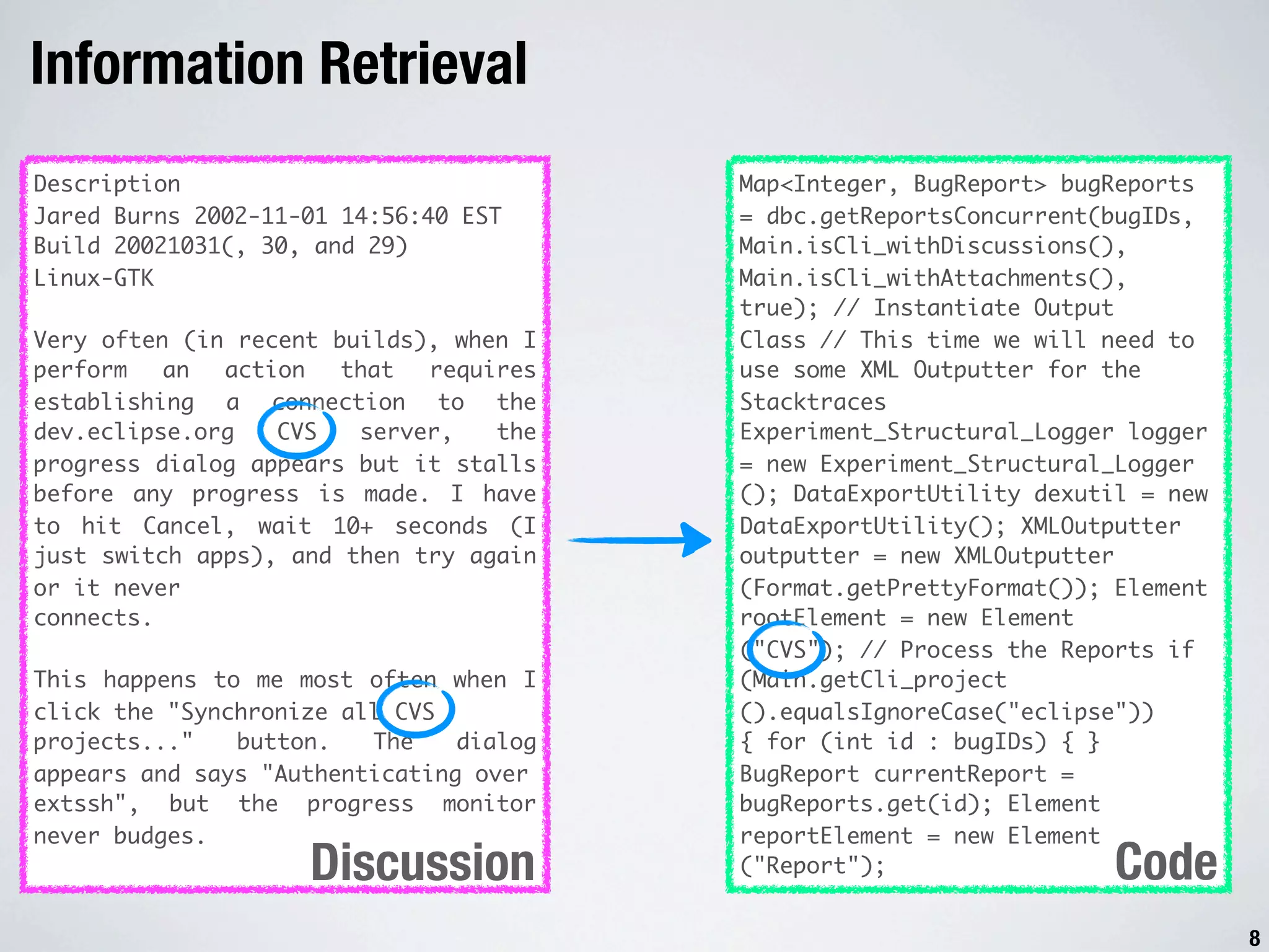 Information Retrieval Description Map<Integer, BugReport> bugReports Jared Burns 2002-11-01 14:56:40 EST = dbc.getReportsConcurrent(bugIDs, Build 20021031(, 30, and 29) Main.isCli_withDiscussions(), Linux-GTK Main.isCli_withAttachments(), true); // Instantiate Output Very often (in recent builds), when I Class // This time we will need to perform an action that requires use some XML Outputter for the establishing a connection to the Stacktraces dev.eclipse.org CVS server, the Experiment_Structural_Logger logger progress dialog appears but it stalls = new Experiment_Structural_Logger before any progress is made. I have (); DataExportUtility dexutil = new to hit Cancel, wait 10+ seconds (I DataExportUtility(); XMLOutputter just switch apps), and then try again outputter = new XMLOutputter or it never (Format.getPrettyFormat()); Element connects. rootElement = new Element ("CVS"); // Process the Reports if This happens to me most often when I (Main.getCli_project click the "Synchronize all CVS ().equalsIgnoreCase("eclipse")) projects..." button. The dialog { for (int id : bugIDs) { } appears and says "Authenticating over BugReport currentReport = extssh", but the progress monitor bugReports.get(id); Element never budges. reportElement = new Element Discussion ("Report"); Code 8 
