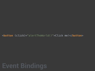 <button (click)="alertTheWorld()">Click me!</button>
Event Bindings
 