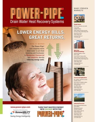 ISSUE 01 | SPRING 2012 25
PAGE TITLE
Features
The Power-Pipe®
uses outgoing warm
drain water to pre-heat
incoming cold fre...