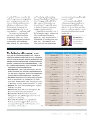 BETTERBUILDER.CA | ISSUE 20 | WINTER 2016 19
The Tottenham Discovery Home
Brookfield is currently building a discovery home in
Tottenham, Ontario, that will help drive the company’s
direction in energy-efficient housing. The aggressive goal
of this near zero energy home was to be 80% better than
Building Code standards. It has a HERS rating of 13 and
is 77% above code when solar battery storage is included.
Among the features of this house are:
•	 Fuel switching: There’s a gas-fired furnace, but also
an air conditioner heat pump. In the shoulder months,
the heat pump can provide the space heating with the
furnace kicking in when it gets really cold outside.
•	 Insulation: There’s two inches of exterior polystyrene
foam on the outside (R10), plus Roxul (R24) in the
main walls. It’s a panelized home featuring less wood
in the cavity, meaning more insulation can be added.
•	 Windows: The home features triple-glazed windows
with a U-value of 1.0.
•	 Photovoltaics: Brookfield is considering using the
Panasonic solar battery storage system.
•	 Exhaust fans: The home includes Panasonic
WhisperGreen fans, which displace more air while
using a lot less electricity.
•	 Grey water: Brookfield chose Greyter Water
Systems, a unit that supports drain water heat
recovery, collecting water in a holding tank to use
shower water to flush toilets. —RB
see “Translating and Quantifying
Appraisal Value for Better-Than-Code
Homes” on page 24.) Brookfield has
taken notice of this initiative, and
Stewart thinks it’s “a possible option
on getting the banks to understand
what goes into these homes.”
Financial institutions don’t tend to
deal with shades of grey, so expecting
them to understand the value of
adding grey water systems could be a
difficult task. “It’s that learning curve
again and it’s taking a while to get
there, but I think a lot of people are
onside. It just takes time and the right
people to push it.”
In the meantime, Brookfield
will continue to gather data from its
Tottenham home, with full results
expected by the end of the year. Stay
tuned for a followup report in a future
issue once Brookfield shares what it
has learned. BB
Rob Blackstien is
a Toronto-based
freelance writer.
Pen-Ultimate.ca
by banks. It’s become somewhat of a
catch-22 as governments are pushing
green building, but there aren’t the
means within financial institutions
to finance these homes based on
their true value from a total cost
of ownership perspective. Stewart
concedes that “it’s a fine line to walk.”
The answer may lie in a model
conceived by Austin, Texas-based
Green Energy Money, Inc. (GEM).
GEM provides the financial analysis
tools needed to help fund green
home building. (For more on GEM,
Component Package J Discovery
Ceiling w/ Attic R-50 R-60
Ceiling w/o Attic R-31 R-31
Exposed Floor R-31 R-40
AG Walls R-22 R-24+R-10 @ 24” O.C.
BG Walls R-12 R-24 + R-5
Slab  600mm R-10 R-10
Slab — R-10
Windows  Sliding Doors 1.8 R = 1.0, SHG = 0.20
Skylights 2.8 2.8
Space Heating 94% 96% c/w ECM
Space Cooling — 21 SEER VS Heat Pump
Domestic Hot Water 67% 90% Eff
HRV Efficiency 60% 75%
Air Tightness 2.5 1.5
Insulation Grade III I
Renewables — 2 x R3-48
Grey Water System — Complete System
Lighting — 100% LED
Solar — N/A
HERS Score 59 30
Energy Consumption (kWh/yr) 41,596 17,804.0
% Better Than Code — 57%
 