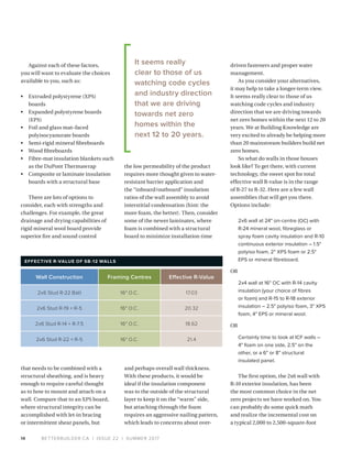 BETTERBUILDER.CA | ISSUE 22 | SUMMER 201714
Against each of these factors,
you will want to evaluate the choices
available to you, such as:
•	 Extruded polystyrene (XPS)
boards
•	 Expanded polystyrene boards
(EPS)
•	 Foil and glass mat–faced
polyisocyanurate boards
•	 Semi-rigid mineral fibreboards
•	 Wood fibreboards
•	 Fibre-mat insulation blankets such
as the DuPont Thermawrap
•	 Composite or laminate insulation
boards with a structural base
There are lots of options to
consider, each with strengths and
challenges. For example, the great
drainage and drying capabilities of
rigid mineral wool board provide
superior fire and sound control
that needs to be combined with a
structural sheathing, and is heavy
enough to require careful thought
as to how to mount and attach on a
wall. Compare that to an XPS board,
where structural integrity can be
accomplished with let-in bracing
or intermittent shear panels, but
the low permeability of the product
requires more thought given to water-
resistant barrier application and
the “inboard/outboard” insulation
ratios of the wall assembly to avoid
interstitial condensation (hint: the
more foam, the better). Then, consider
some of the newer laminates, where
foam is combined with a structural
board to minimize installation time
and perhaps overall wall thickness.
With these products, it would be
ideal if the insulation component
was to the outside of the structural
layer to keep it on the “warm” side,
but attaching through the foam
requires an aggressive nailing pattern,
which leads to concerns about over-
driven fasteners and proper water
management.
As you consider your alternatives,
it may help to take a longer-term view.
It seems really clear to those of us
watching code cycles and industry
direction that we are driving towards
net zero homes within the next 12 to 20
years. We at Building Knowledge are
very excited to already be helping more
than 20 mainstream builders build net
zero homes.
So what do walls in those houses
look like? To get there, with current
technology, the sweet spot for total
effective wall R-value is in the range
of R-27 to R-32. Here are a few wall
assemblies that will get you there.
Options include:
2x6 wall at 24" on-centre (OC) with
R-24 mineral wool, fibreglass or
spray foam cavity insulation and R-10
continuous exterior insulation – 1.5"
polyiso foam, 2" XPS foam or 2.5"
EPS or mineral fibreboard.
OR
2x4 wall at 16" OC with R-14 cavity
insulation (your choice of fibres
or foam) and R-15 to R-18 exterior
insulation – 2.5" polyiso foam, 3" XPS
foam, 4" EPS or mineral wool.
OR
Certainly time to look at ICF walls –
4" foam on one side, 2.5" on the
other, or a 6" or 8" structural
insulated panel.
The first option, the 2x6 wall with
R-10 exterior insulation, has been
the most common choice in the net
zero projects we have worked on. You
can probably do some quick math
and realize the incremental cost on
a typical 2,000 to 2,500-square-foot
Wall Construction Framing Centres Effective R-Value
2x6 Stud R-22 Batt 16" O.C. 17.03
2x6 Stud R-19 + R-5 16" O.C. 20.32
2x6 Stud R-14 + R-7.5 16" O.C. 18.62
2x6 Stud R-22 + R-5 16" O.C. 21.4
EFFECTIVE R-VALUE OF SB-12 WALLS
It seems really
clear to those of us
watching code cycles
and industry direction
that we are driving
towards net zero
homes within the
next 12 to 20 years.
 