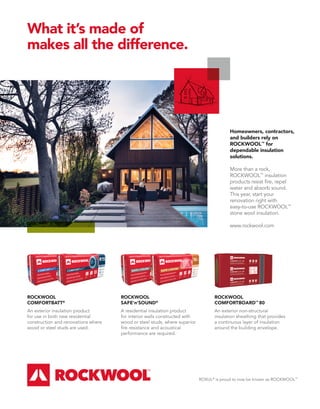 Homeowners, contractors,
and builders rely on
ROCKWOOL™
for
dependable insulation
solutions.
More than a rock,
ROCKWOOL™
insulation
products resist ﬁre, repel
water and absorb sound.
This year, start your
renovation right with
easy-to-use ROCKWOOL™
stone wool insulation.
www.rockwool.com
What it’s made of
makes all the difference.
ROCKWOOL
COMFORTBATT®
An exterior insulation product
for use in both new residential
construction and renovations where
wood or steel studs are used.
ROCKWOOL
SAFE’n’SOUND®
A residential insulation product
for interior walls constructed with
wood or steel studs, where superior
ﬁre resistance and acoustical
performance are required.
ROCKWOOL
COMFORTBOARD™
80
An exterior non-structural
insulation sheathing that provides
a continuous layer of insulation
around the building envelope.
ROXUL®
is proud to now be known as ROCKWOOL™
 