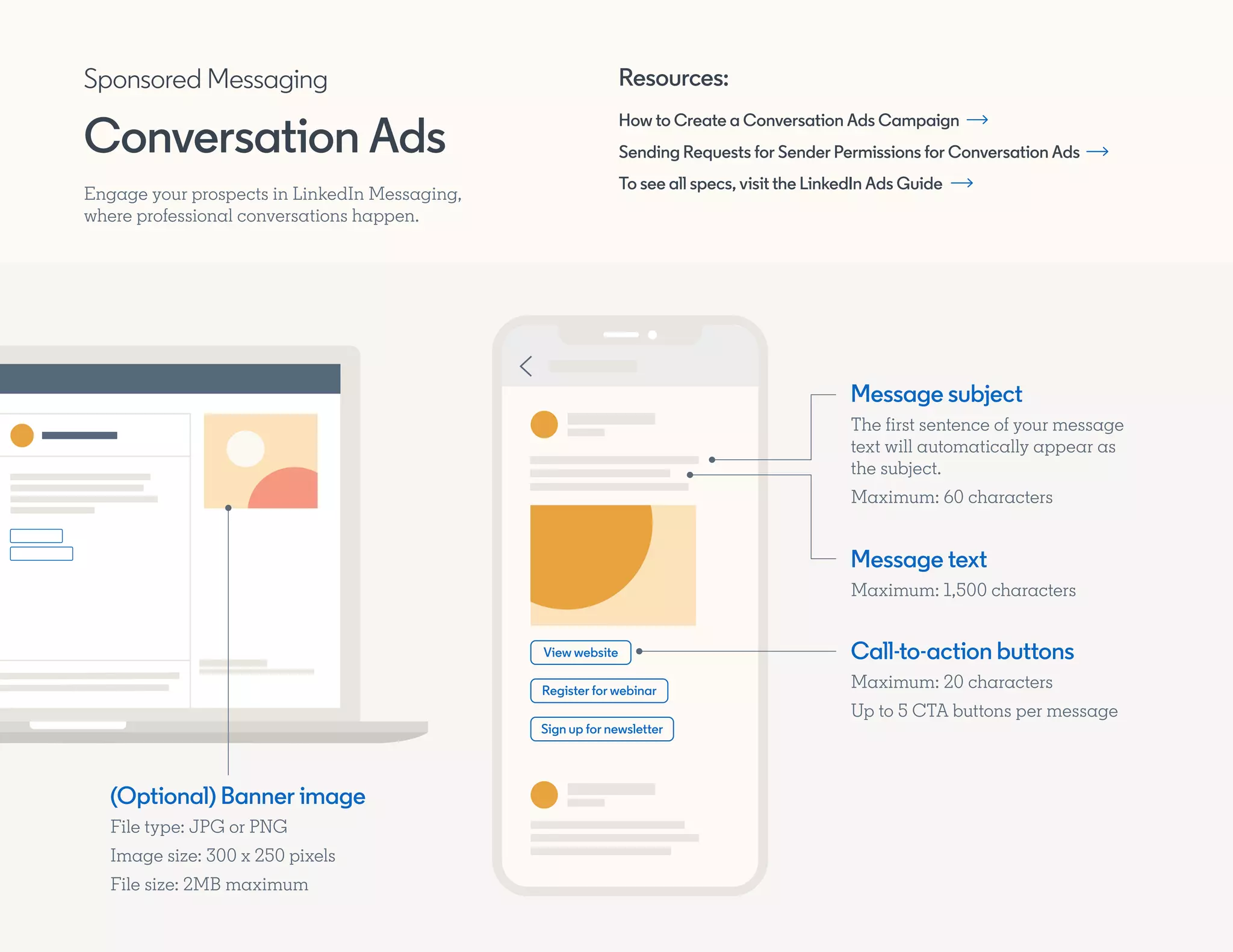 Message text
Maximum: 1,500 characters
Message subject
The first sentence of your message
text will automatically appear as
the subject.
Maximum: 60 characters
(Optional) Banner image
File type: JPG or PNG
Image size: 300 x 250 pixels
File size: 2MB maximum
Call-to-action buttons
Maximum: 20 characters
Up to 5 CTA buttons per message
Sign up for newsletter
Register for webinar
View website
Resources:
How to Create a Conversation Ads Campaign
Sending Requests for Sender Permissions for Conversation Ads
To see all specs, visit the LinkedIn Ads Guide
Engage your prospects in LinkedIn Messaging,
where professional conversations happen.
Sponsored Messaging
Conversation Ads
 