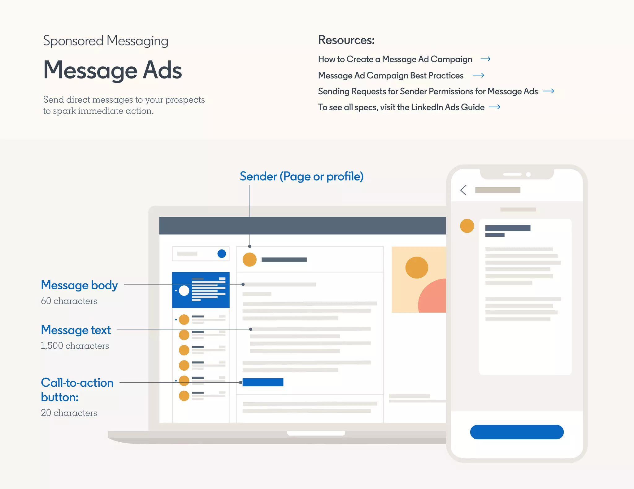 Message body
60 characters
Call-to-action
button:
20 characters
Sender (Page or profile)
Message text
1,500 characters
How to Create a Message Ad Campaign
Message Ad Campaign Best Practices
Resources:
Sending Requests for Sender Permissions for Message Ads
To see all specs, visit the LinkedIn Ads Guide
Send direct messages to your prospects
to spark immediate action.
Sponsored Messaging
Message Ads
 