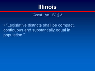 Illinois
Const. Art. IV, § 3
▸“Legislative districts shall be compact,
contiguous and substantially equal in
population.”
 